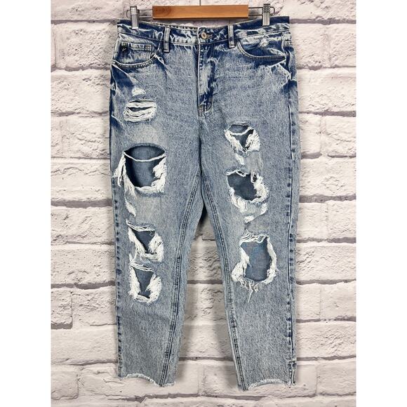 KanCan Womens 9/28 Collie High Rise Distressed Ripped Grunge Punk Mom Blue Jeans - Picture 3 of 10